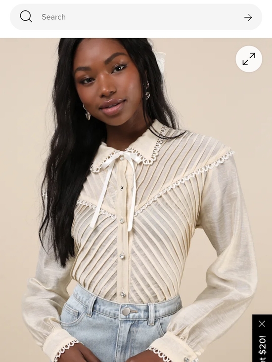 Sister Jane Tops - Lulu's Lace-Trim Bow Tie Button Front Blouse - Cream